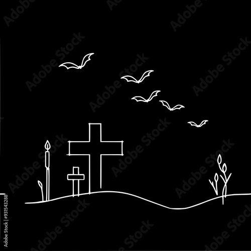 Minimalistic vector single line black and white simple sketch of a hilly cemetery, bats,moon, trees and crosses on a black background, for Halloween