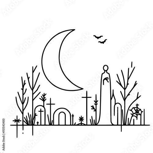 Minimalistic vector single line black and white silhouette scene with tree, bats,moon, gravestones and crosses creating a spooky atmosphere against the night sky, for Halloween