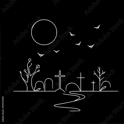 Minimalistic vector single line black and white drawing of a winding path to a cemetery, trees without leaves, flying bats and crosses creating a gloomy atmosphere for Halloween