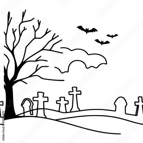 Minimalistic vector one-line black and white drawing of a cemetery on a hill, a huge tree without leaves, crosses and bats, for Halloween