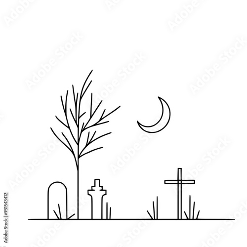 Minimalistic vector single line black and white silhouette scene with tree, bats, gravestones and crosses creating a spooky atmosphere against the night sky, for Halloween