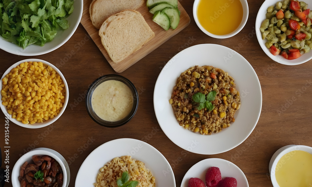 Enjoying healthy and delicious lunch with variety of dishes Enjoying healthy and delicious lunch with variety of dishes