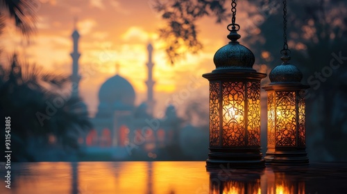 Ramadan Kareem Lantern with serene mosque background 