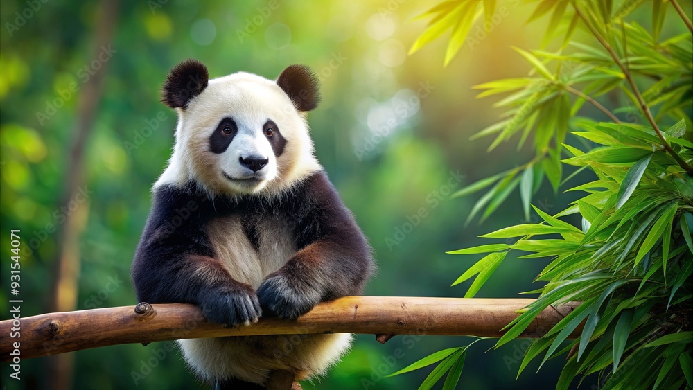 Fototapeta premium Panda bear sitting on a bamboo branch , Panda, bear, bamboo, sitting, wildlife, cute, nature, animal