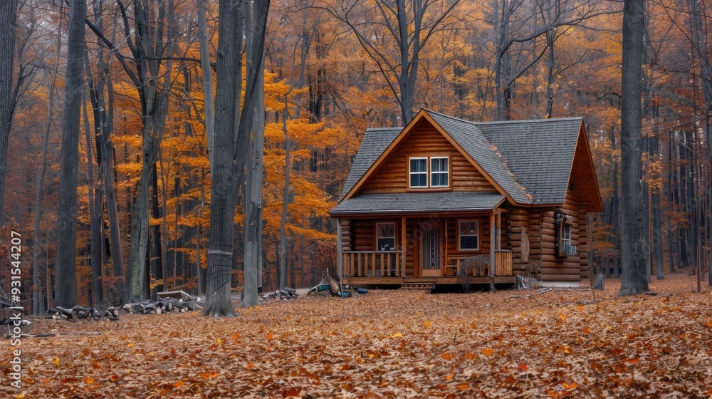 A wooden cabin in the woods, surrounded by brown autumn foliage and tall trees A wooden cabin in the woods, surrounded by brown autumn foliage and tall trees