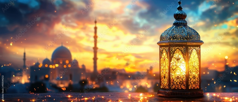 Ramadan Kareem Lantern with serene mosque background Ramadan Kareem Lantern with serene mosque background