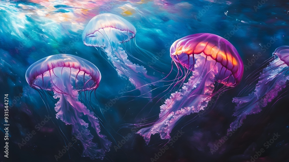 Ethereal Jellyfish Floating Effortlessly Through Vibrantly Glowing Underwater Depths Ethereal Jellyfish Floating Effortlessly Through Vibrantly Glowing Underwater Depths