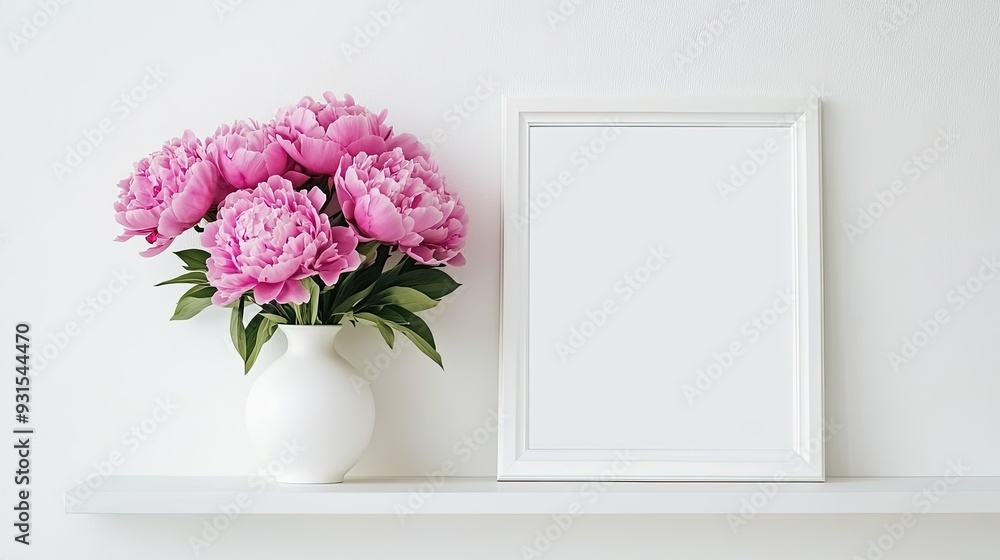 Pink peonies in a white vase on a shelf with a blank picture frame. Pink peonies in a white vase on a shelf with a blank picture frame.