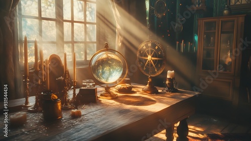 Mystical Forest Fortune Teller s Enchanting Workshop with Glowing Crystal Ball and Ornate Brass photo