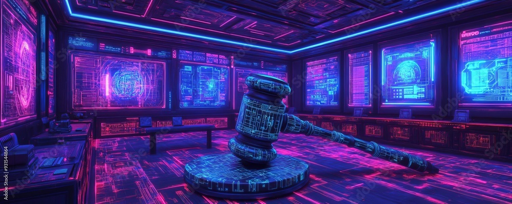 High-tech gavel, with circuits and wires entwined, in a courtroom filled with holographic screens, neon blue and purple lights, sharp contrast, ultra-realistic details High-tech gavel, with circuits and wires entwined, in a courtroom filled with holographic screens, neon blue and purple lights, sharp contrast, ultra-realistic details