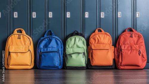 Backpacks of different sizes and colors lined up in front of school lockers, representing backtoschool excitement