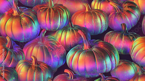 A seamless pattern with holographic halloween pumpkins. Glowing neon background. 