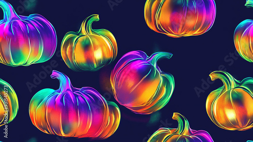 A seamless pattern with holographic halloween pumpkins. Glowing neon background. 