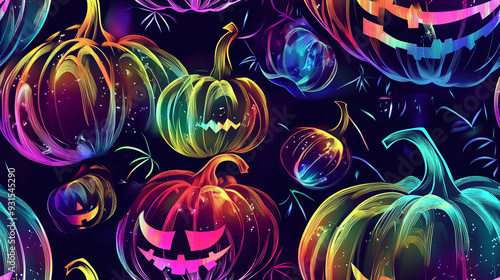 A seamless pattern with holographic halloween pumpkins. Glowing neon background. 