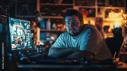 The obese player in the cluttered room at night is focused on staring at the monitor screen. Capturing his focused expression, surrounded by a chaotic environment and dim lighting.