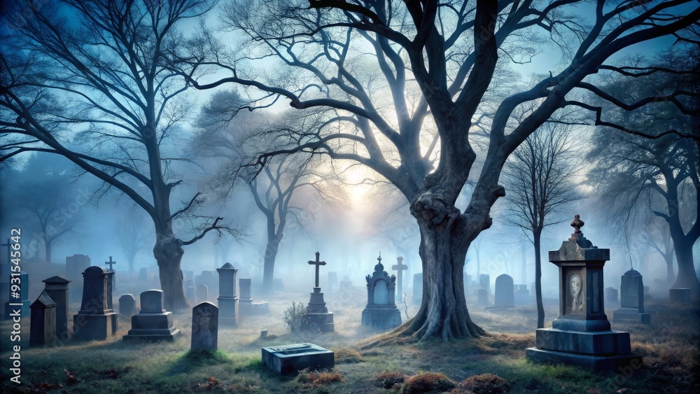 Ethereal, mist-shrouded cemetery paths, lined with gnarled, bare trees, and weathered, abstract grave markers, evoke a haunting, melancholic atmosphere, in muted, blue-gray hues. Ethereal, mist-shrouded cemetery paths, lined with gnarled, bare trees, and weathered, abstract grave markers, evoke a haunting, melancholic atmosphere, in muted, blue-gray hues.