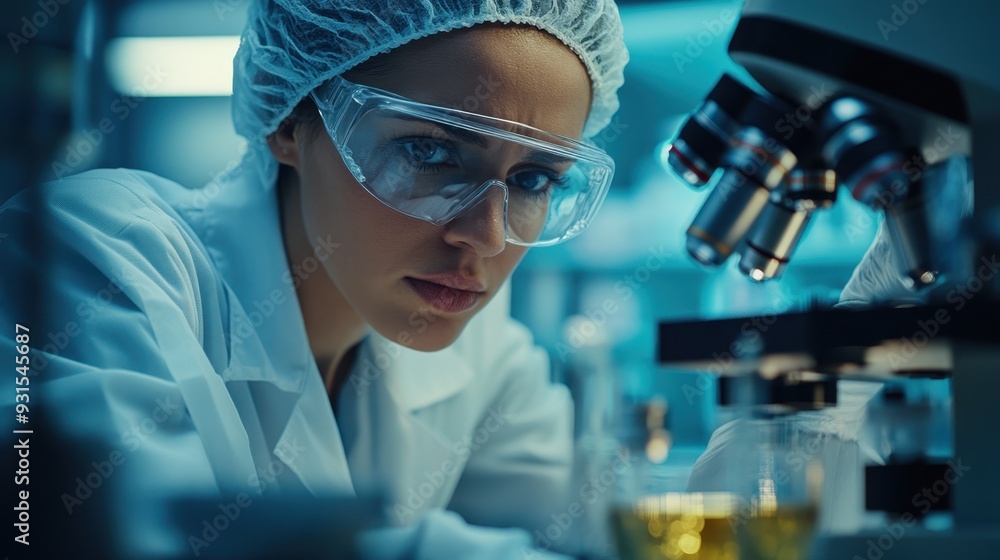 Focused Lab Technician Recording Data for Vaccine Approval in Cool-Toned Science Lab Setting with Depth of Field Focused Lab Technician Recording Data for Vaccine Approval in Cool-Toned Science Lab Setting with Depth of Field