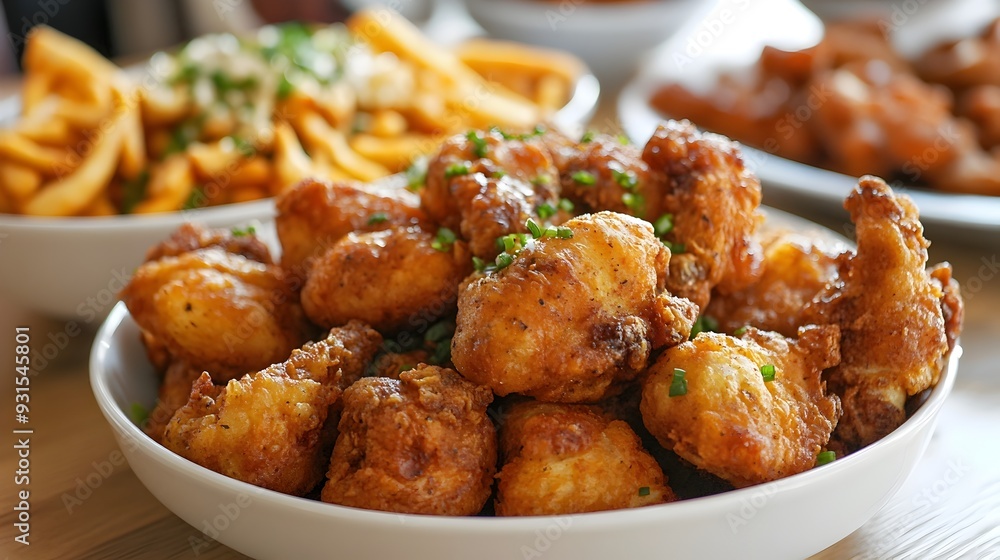 Crispy Fried Chicken Bites with Savory Dipping Sauce on Rustic Wooden Table Crispy Fried Chicken Bites with Savory Dipping Sauce on Rustic Wooden Table