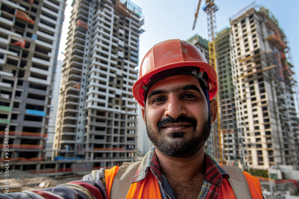 Selfie with new residential constructing towers block of flats behind. Excellent quality profession of engineer concept. Adult single builder in safety gear and helmet Selfie with new residential constructing towers block of flats behind. Excellent quality profession of engineer concept. Adult single builder in safety gear and helmet