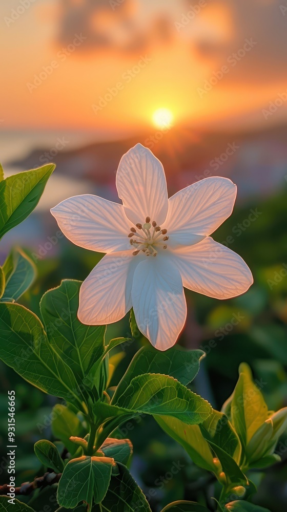 Fototapeta premium A stunning white flower illuminated by the warm glow of a sunset, surrounded by lush green leaves.
