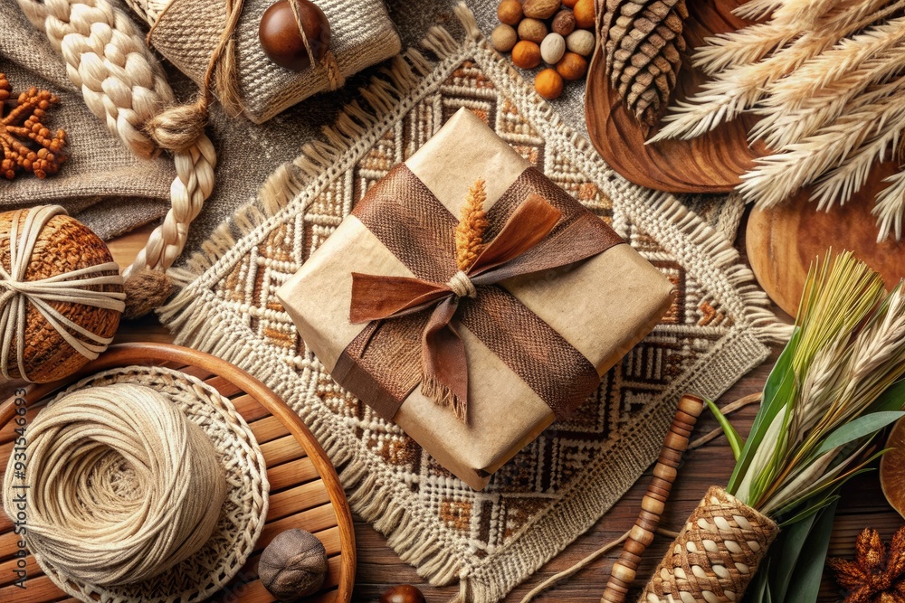 A symphony of woven textures, natural elements, and ethnic patterns blend in perfect harmony, bathed in warm tones, shot from a tilted angle. A symphony of woven textures, natural elements, and ethnic patterns blend in perfect harmony, bathed in warm tones, shot from a tilted angle.