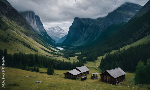 Wooden houses nestled in a lush green valley surrounded by mountains