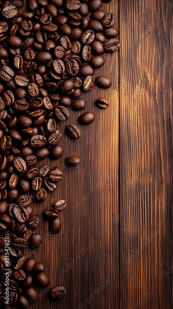 Top view composition of a Coffee beans on rustic wooden background with blank empty space. Generative Ai Top view composition of a Coffee beans on rustic wooden background with blank empty space. Generative Ai