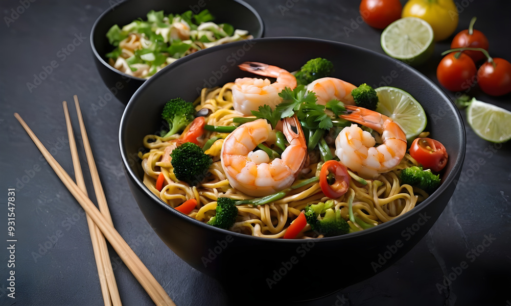 Delicious bowl of shrimp and vegetable noodles is steaming with flavor Delicious bowl of shrimp and vegetable noodles is steaming with flavor