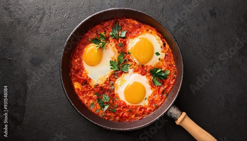 Shakshuka in frying pan on dark background, top view photo