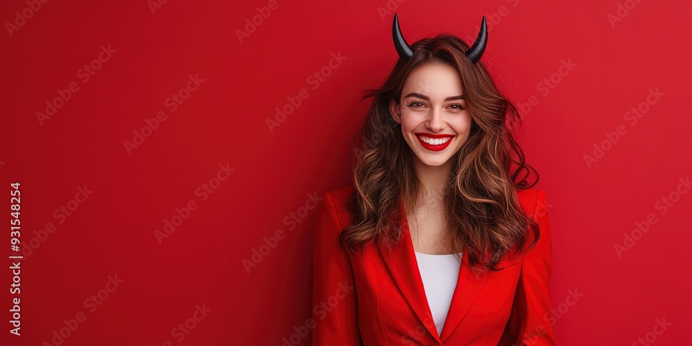 smiling woman in red suit, devil horns, solid background, smiling woman in red suit, devil horns, solid background,