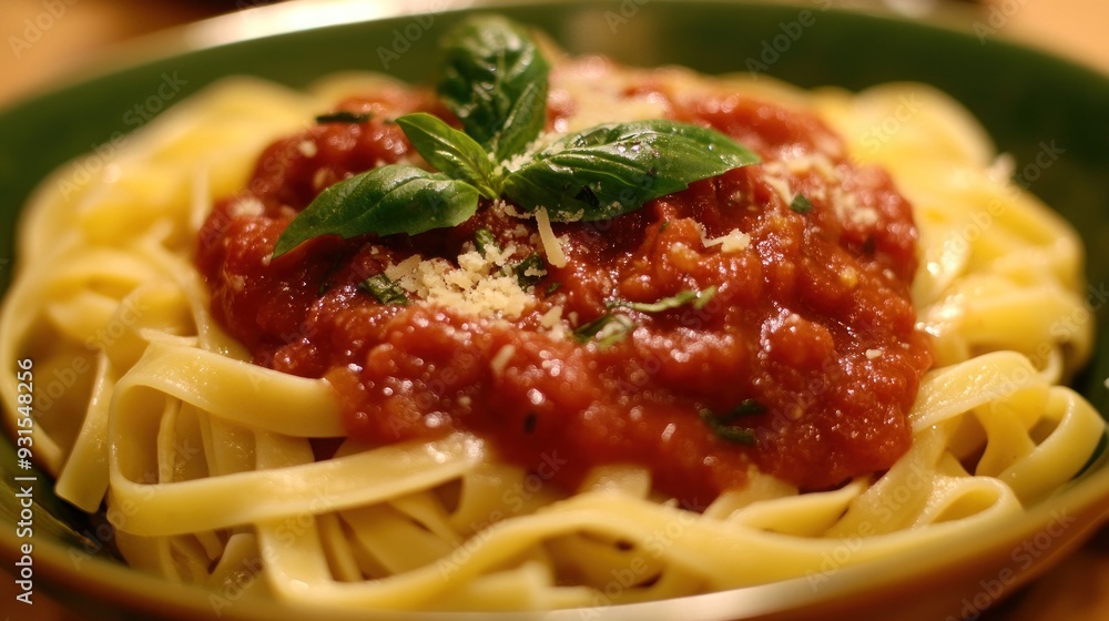 A plate of pasta with tomato sauce, cheese and basil A plate of pasta with tomato sauce, cheese and basil