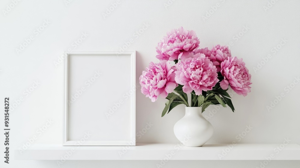 White frame mockup with pink peonies on a white shelf. White frame mockup with pink peonies on a white shelf.