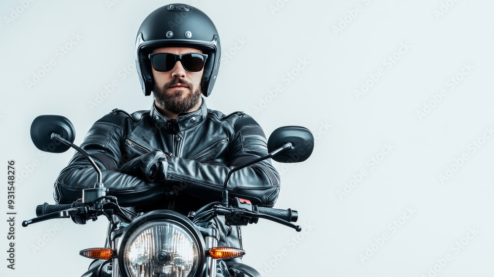 A motorcycle rider with crossed arms against a white background. A motorcycle rider with crossed arms against a white background.