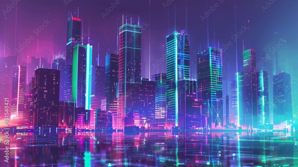 Obraz premium Abstract futuristic cityscape with neon outlines and digital glitches
