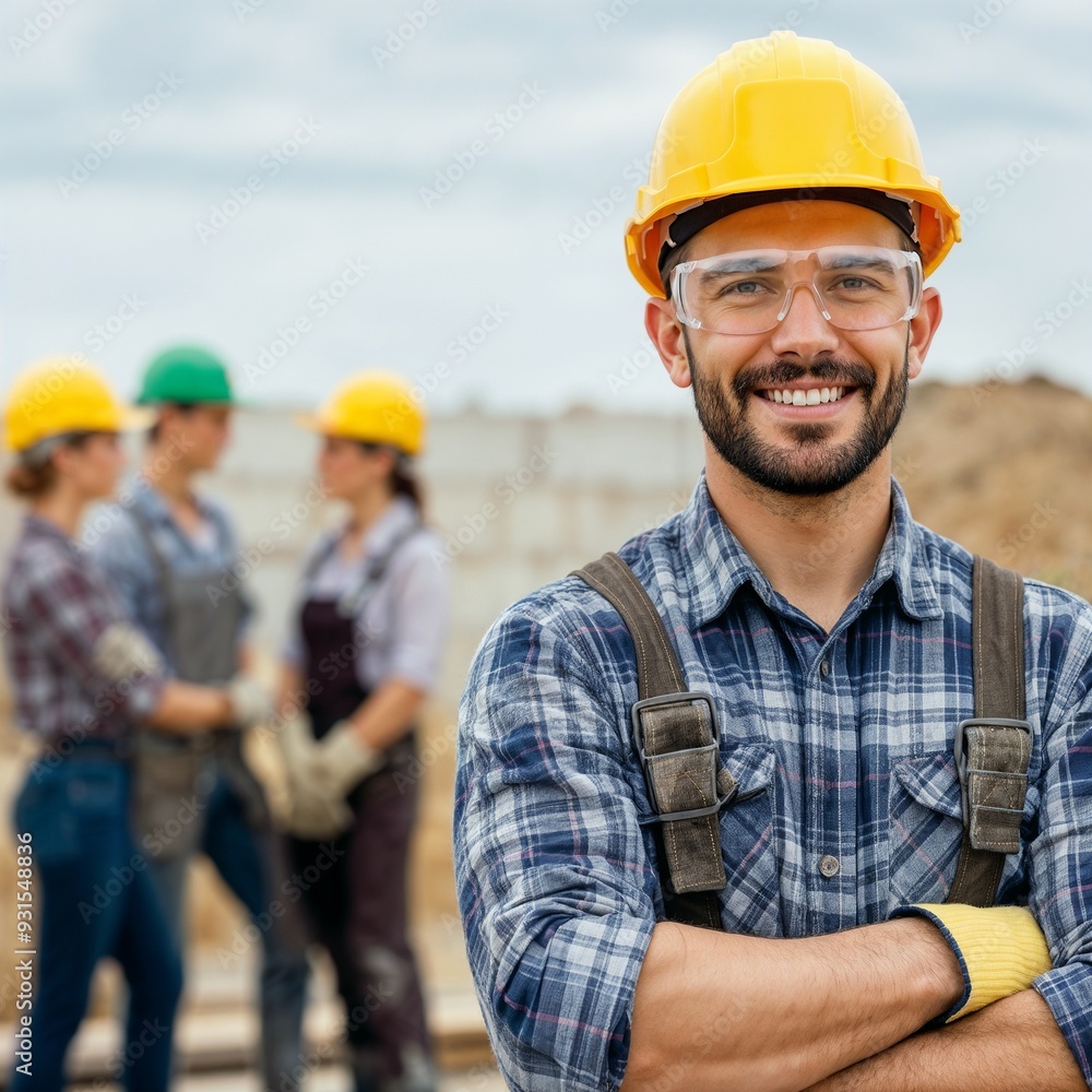 Builder with arms crossed against background of his colleagues at construction site. Generative AI Builder with arms crossed against background of his colleagues at construction site. Generative AI