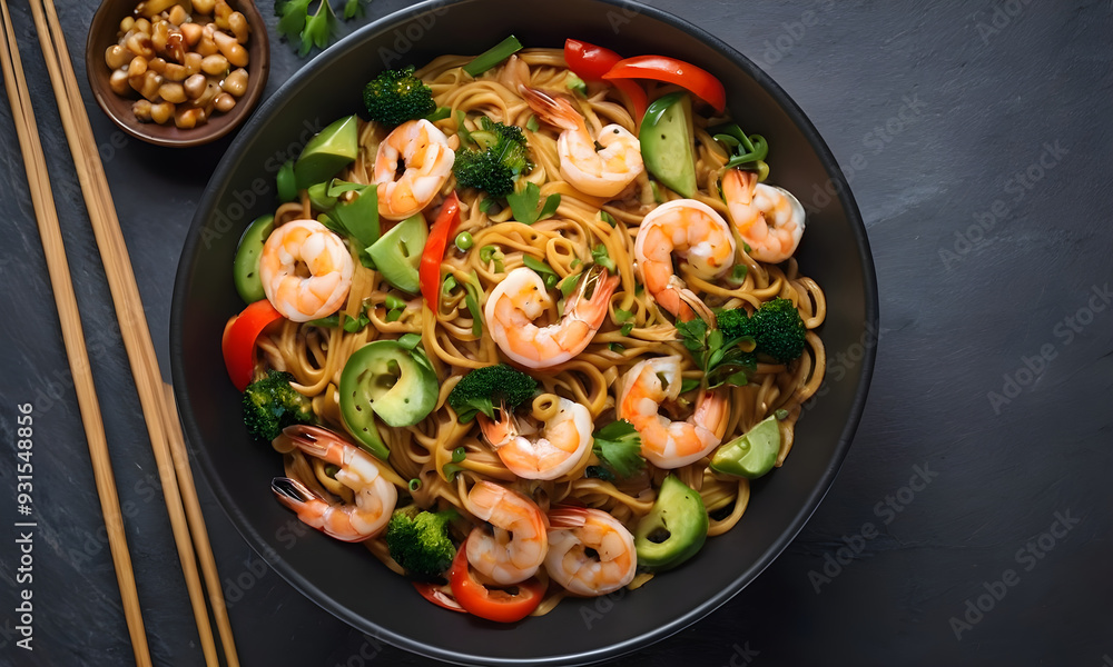 Shrimp and vegetable stir fry with noodles in black bowl Shrimp and vegetable stir fry with noodles in black bowl
