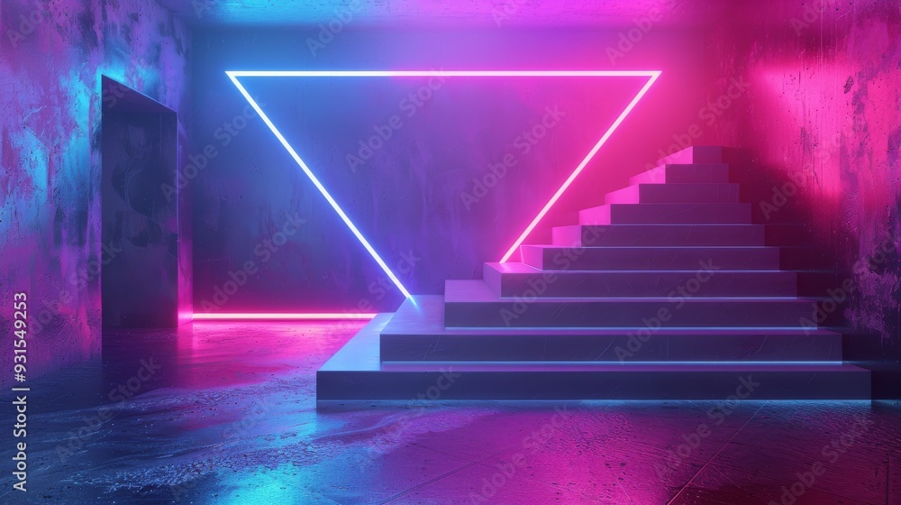 Neon-lit stairs illuminate a concrete tunnel, creating a sense of futuristic or cyberpunk. Neon-lit stairs illuminate a concrete tunnel, creating a sense of futuristic or cyberpunk.