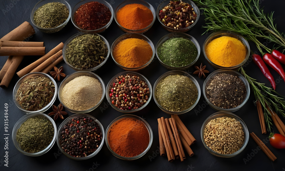 Colorful spices and herbs are displayed in bowls for cooking ingredients Colorful spices and herbs are displayed in bowls for cooking ingredients