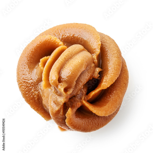 Peanut butter swirl isolated on a white background. Peanut paste top view. Flat lay. photo