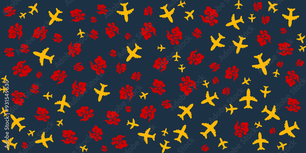 Abstract seamless pattern with yellow airplanes and red clouds on a blue background. Perfect for travel, aviation, and transportation designs. Abstract seamless pattern with yellow airplanes and red clouds on a blue background. Perfect for travel, aviation, and transportation designs.