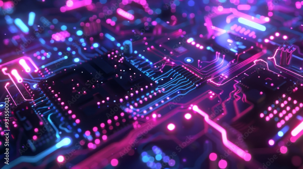 Floating Graphics Card on Dark Futuristic Background with Neon Circuits and Glowing Components Floating Graphics Card on Dark Futuristic Background with Neon Circuits and Glowing Components