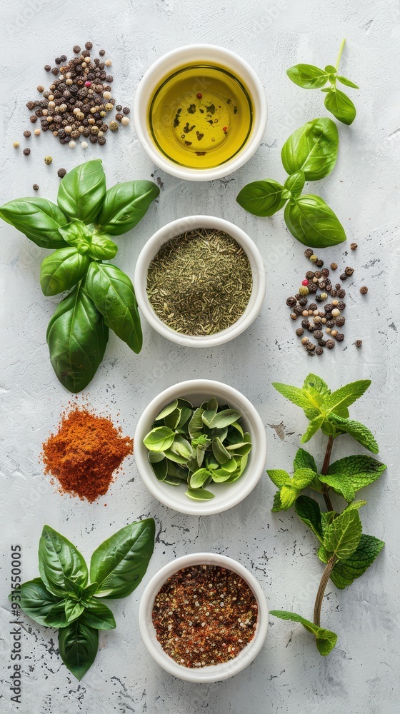 An array of fresh herbs and spices arranged artfully on a textured background, showcasing vibrant colors and textures. An array of fresh herbs and spices arranged artfully on a textured background, showcasing vibrant colors and textures.