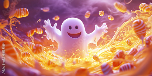 Adorable ghost surrounded by candy and stars in a playful, pastel background, Cute Halloween background
 photo