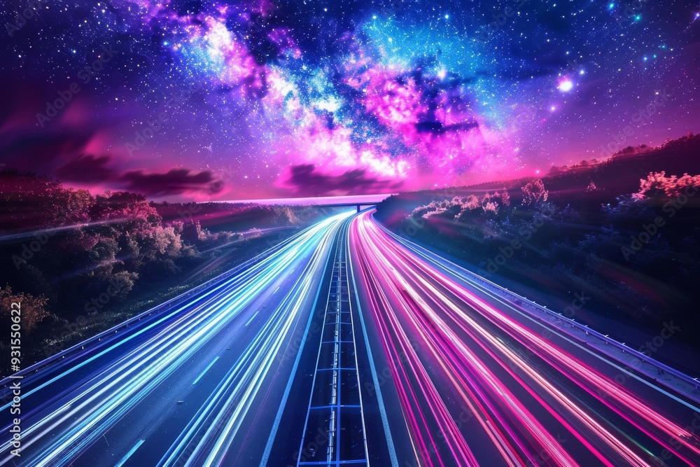 With vibrant colors and a cosmic skyline, this neon-lit road is lit by a starry night. With vibrant colors and a cosmic skyline, this neon-lit road is lit by a starry night.
