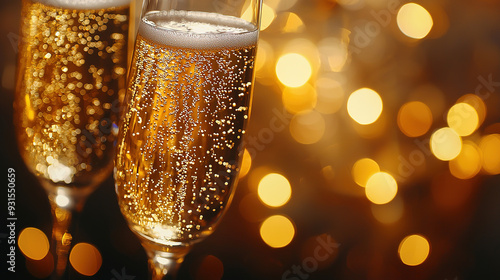 A New Yearâ€™s Eve celebration scene, with a close-up of champagne glasses clinking together, golden bubbles rising in the background, and festive lights photo