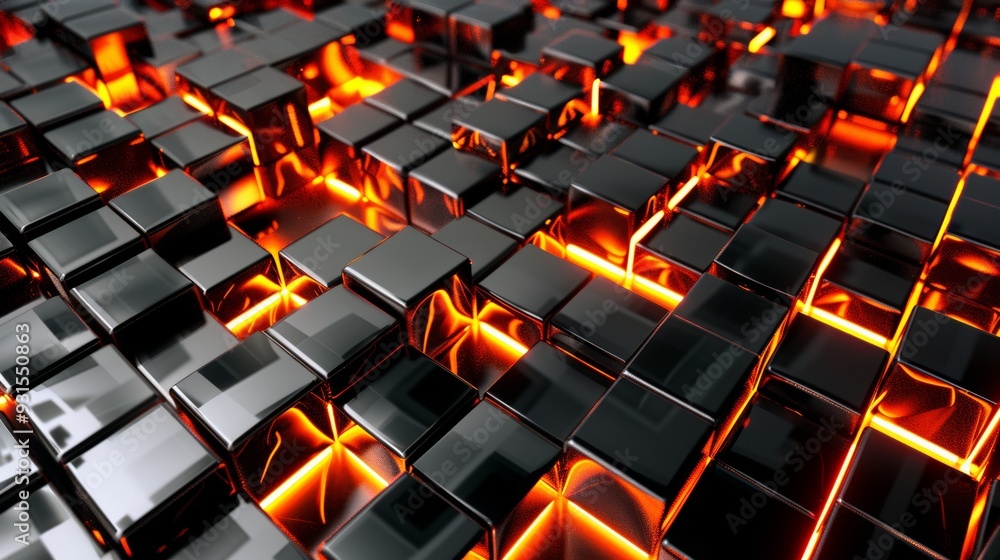 Fototapeta premium For modern digital design, abstract futuristic metallic surface with glowing orange grid lines.