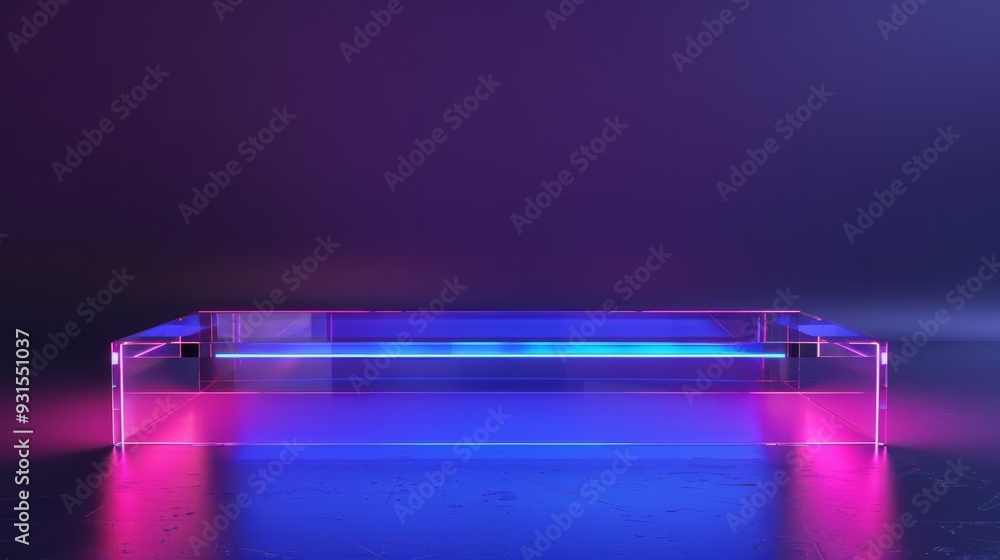 Vibrant neon lights illuminate a dark reflective surface on an ethereal transparent platform Vibrant neon lights illuminate a dark reflective surface on an ethereal transparent platform