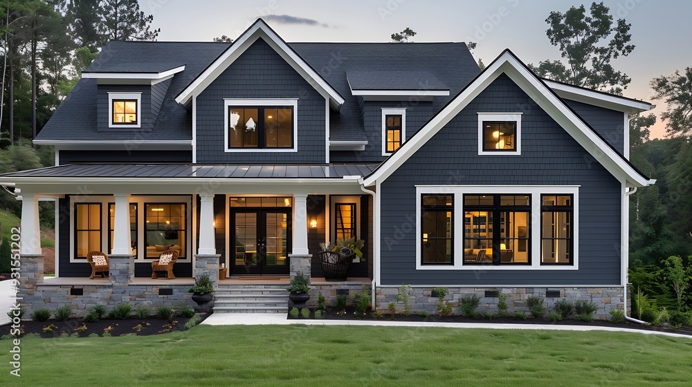 Modern farmhouse dark grey with front porch : Generative AI Modern farmhouse dark grey with front porch : Generative AI