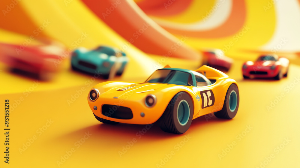 Toy cars race on a yellow background in a 3D render. Toy cars race on a yellow background in a 3D render.