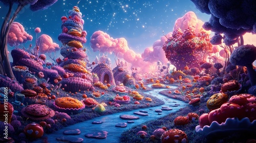 A fantastical candyland with colorful landscapes, whimsical hills, and a sparkling river under a starry sky.